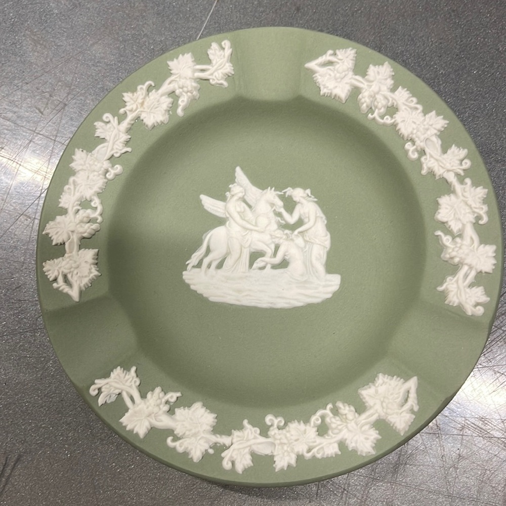 Wedge wood jasper-ware sage green round ashtray - Pegasus horse design